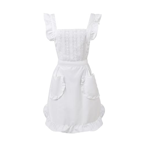 Cute Cotton Apron for Women, Adjustable Bib Cooking Kitchen Aprons with Pockets for BBQ Drawing Baking - color: White