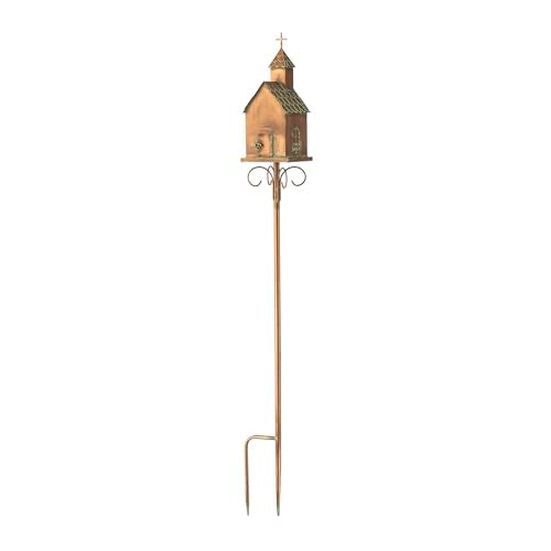 Glitzhome Bird House for Outdoors, 53.00" H Farmhouse Faux Copper Distressed Metal Bird House Church Birdhouse Decorative Garden Birdhouse with Stake