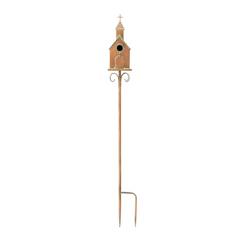 Glitzhome Bird House for Outdoors, 53.00" H Farmhouse Faux Copper Distressed Metal Bird House Church Birdhouse Decorative Garden Birdhouse with Stake