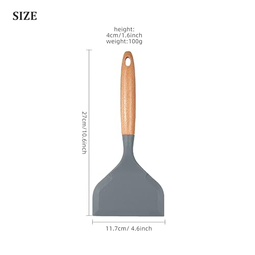Wide silicone spatula tamagoyaki shovel,Omelette pan turner | for pancakes, eggs, fish, steak and pizza, nonstick cookware, wooden handle (Gray) - color: Gray