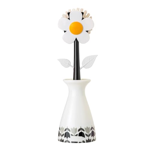 Vigar Flower Power Dish Brush with Handle and Vase Holder - White, Black | Flower-Shaped, Scrub Brush for Dishes, Dishwashing Brush, Kitchen Scrub Brush, Pot Scrubber, Kitchen Essentials - color: White