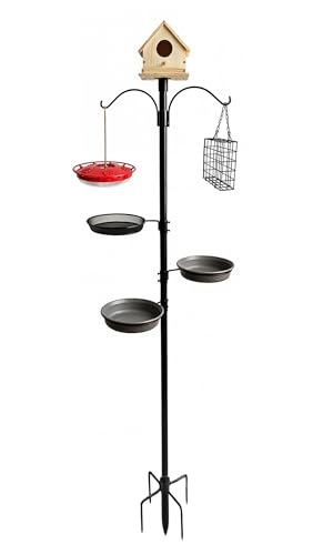 5 Feeders + 1 Birdhouse Bird Feeding Station 90" Height 1" Diameter Outdoor Stand with 5-Prong Base Attract Wildbird to Yard Garden Patio