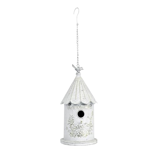 Metal Hanging Birdhouses for Outdoors Bird Houses for Outside Unique Bird Nest for Bluebird Wren Chickadee Sparrow Bird Nest Box for Garden Patio - color: White Gold