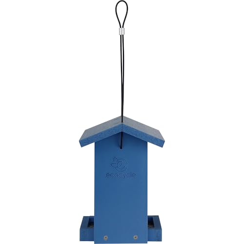 Tasty Tidbit Recycled Plastic Bird Feeder with Fresh Seed Tray for Wild Birds and Outdoor Décor, 0.875 Quart Capacity, Blue