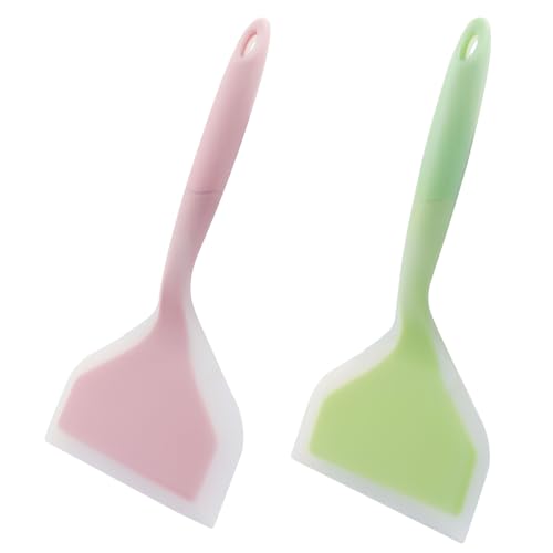 Hitefu 2 Pcs Silicone Spatula Turner, Green & Pink | Wide Pancake Flipper, Tamagoyaki Shovel, BPA Free, Non-Stick Egg Flipper, For Omelette, Pizza, Steak & Fish - color: Green & Pink
