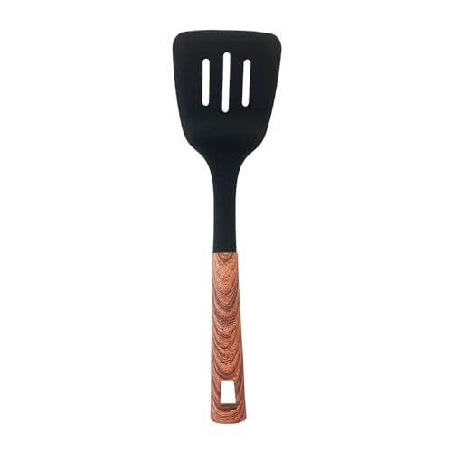 JS Gourmet Soft Touch Nylon Slotted Turner with Wood Grain Handle and Hanging Hole, Heat Resistance, Non Stick Flexible Flipper Spatula, for Flipping Pancakes, Fish, Eggs and More