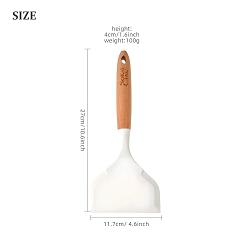 Wide silicone spatula tamagoyaki shovel,Omelette pan turner | for pancakes, eggs, fish, steak and pizza, nonstick cookware, wooden handle (White) - color: White