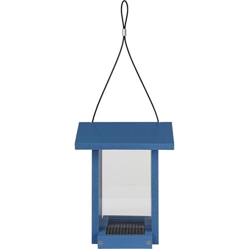 Tasty Tidbit Recycled Plastic Bird Feeder with Fresh Seed Tray for Wild Birds and Outdoor Décor, 0.875 Quart Capacity, Blue