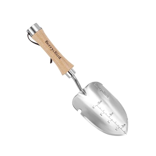 Berry&Bird Weeding Trowel, Multi- Use Hand Shovel with Serrated Blade Stainless Steel Garden Trowel Plus Size Potting Trowel with Wooden Handle for Transplanting, Digging, Measuring, Cutting Roots - color: Weeding Trowel