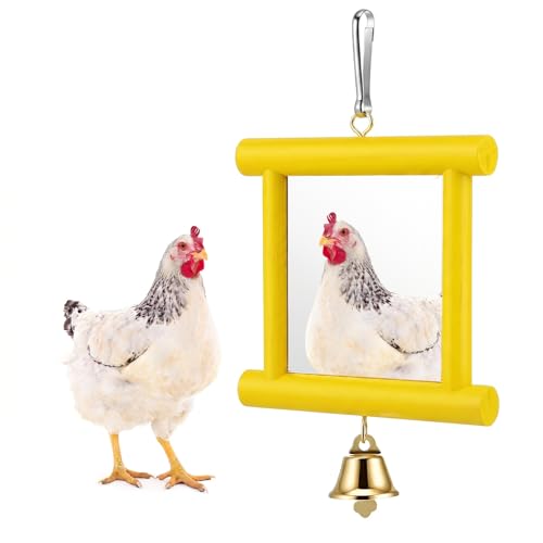 Chicken Mirror Toys with Bell for Coop Enrichment, 4 x4 Inch Hanging Swing Mirror Wooden Pecking Toy for Hens Birds Parrots(Yellow) - color: Yellow