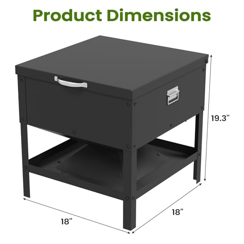 Metal Chicken Feeder, 56L Large Capacity Galvanized Steel Poultry Feeder with Raised Legs, 18 x 19.3 x 18 in Feed Storage Bin for Chickens, Ducks and Backyard Coop, Black