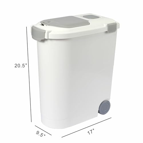 Ashfield & Harkness Airtight Pet Food Storage Container, Holds 30 Lbs | BPA-free HDPE, silicone airtight seal, scoop included, slim white/grey design, 17.5"x9.5"x20", for dog, cat & bird food - color: White, size: 30 lbs