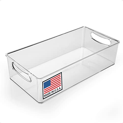 Pikanty Clear Refrigerator Organizer Bin with Handles — 11 Inch Compact Stackable Fridge and Pantry Storage Container for Snacks, Yogurt, Condiments, Dishwasher Safe, Made in USA - style: Organizer Bin Medium
