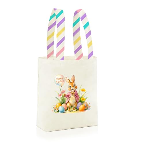 Easter Basket Bunny Canvas Tote Bag, 12.2x11 Inches, Natural Canvas, Hand-Carry, for Gift and Easter Egg Collection - color: A-pink