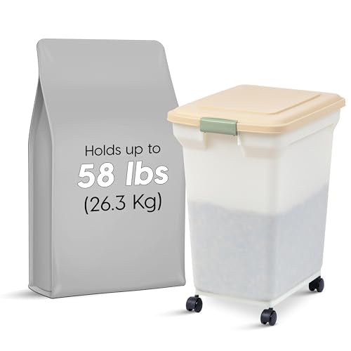 IRIS USA Dog Food Storage Container, Up to 58lbs, Almond/Pearl, Made in USA | Wheels for Mobility, Airtight Seal, BPA-Free, Best for Bird Seed, Cat food, Cat Litter, Chicken Feed, Pellets - color: Almond/Pearl, size: 58 lbs