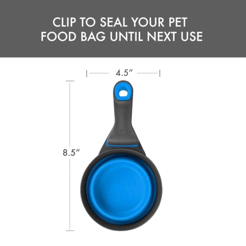Dexas Popware for Pets Collapsible Klip Scoop, 3-in-1 Pet Food Scoop, Measuring Cup and Bag Clip, 2 Cup Capacity, Pro Blue - color: Pro Blue, size: 2 Cup Capacity
