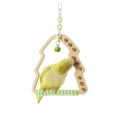 Natural Bird Swing - Tree-Shaped Parrot Perch with Bell and Cork Toys, Spinning Wooden Stand for Parakeets, Budgies, Lovebirds and Small/Medium Birds (White + Green) - color: Green, size: 6.57"L x 0.48"W x 7.08"H