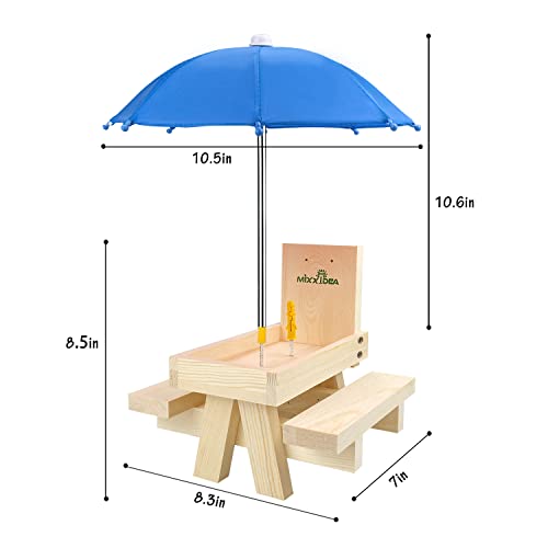 Squirrel Feeder Table with Umbrella, Wooden Squirrel Picnic Table Feeder, Sturdy Squirrel Feeder Corn Cob Holder, with Solid Structure and 2 x Thick Benches(Blue) - color: Blue