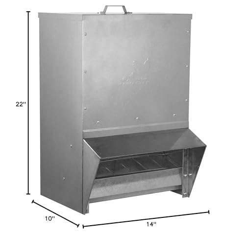 RentACoop 50lb Gravity-Fed Metal Trough Feeder with Lid & Rain Cover - size: 50LB Capacity