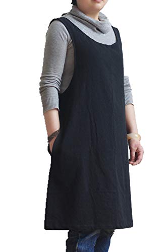 Cotton Linen Japanese Apron Halter Cross Back Bandage X Shape Aprons Two Pockets - color: Black