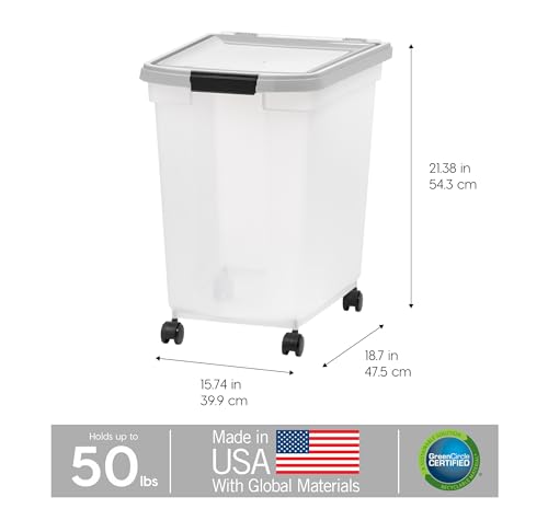 IRIS USA Dog Food Storage Container, Up to 50 lbs, Clear/Gray, Made in USA | Wheels for Mobility, Airtight Seal, BPA-Free, Best for Bird Seed, Cat food, Cat Litter, Chicken Feed, Pellets - color: Gray, size: 50 lbs