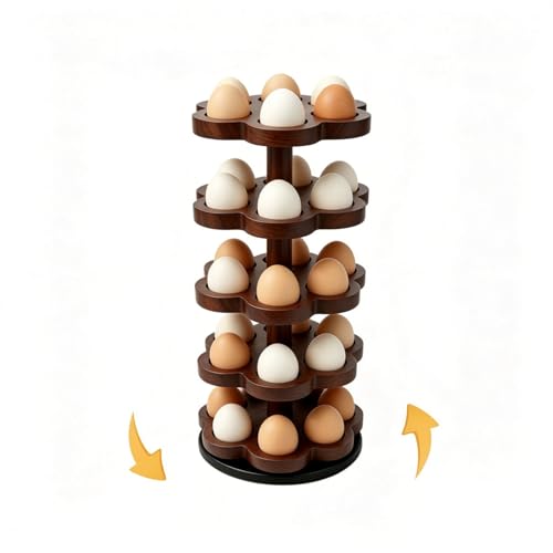 360° Rotating Wooden Egg Holder for 30 Eggs (Brown) | petal-shaped tray, 5 tiers, 6 egg slots per layer, solid wood, farmhouse countertop organizer, for kitchen and Easter display - color: Brown