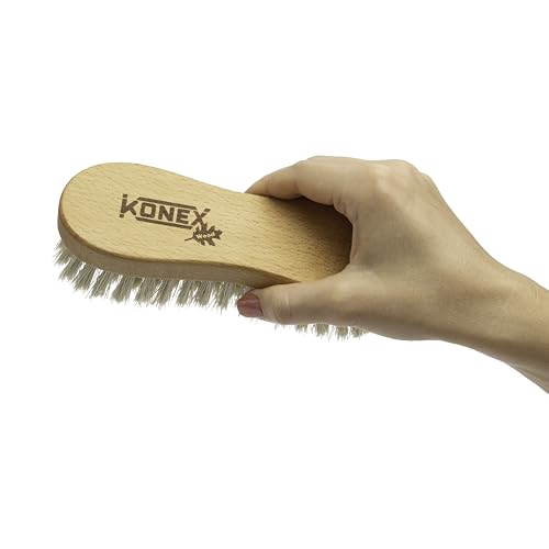 KONEX Medium-Stiffness Nylon Fiber Scrub Brush - Heavy Duty Cleaning Brush, Wooden Handle, Brown, Ideal for Hardwood Floor, Outdoor Surfaces, Carpet