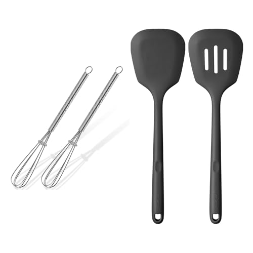 U-Taste 600ºF Heat Resistant 13.6in Solid & Slotted Thick Kitchen Silicone Turners (Black) and 18/8 Stainless Steel 7" Mini Whisk for Cooking