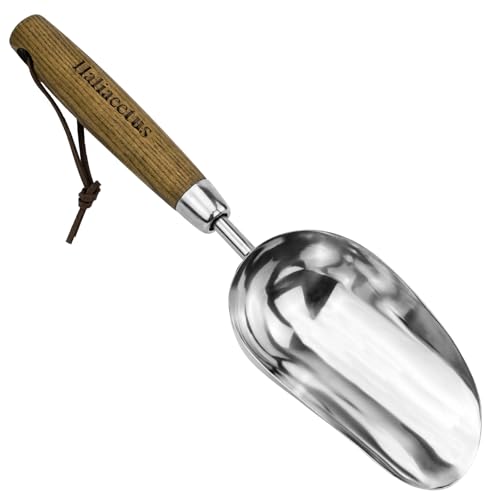 Haliaeetus Potting Soil Scoop, Bend Proof Stainless Steel Gardening Scoop | 1 Cup Big Volume Garden Soil Scoop, Comfortable Wood Handle Soil Scoop for Transplanting, Cultivation,Composting and Planting