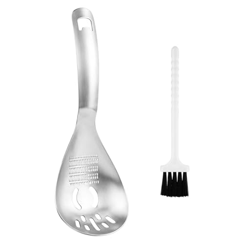 Multifunctional 5-in-1 Cooking Spoon with Cleaning Brush, 18/8 304 Stainless Steel Slotted Spoon, Kitchen Utensil for Potato Masher, Egg Separator, Bottle Opener, Mixing Stirrer