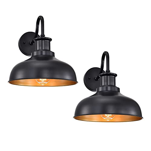 Outdoor Barn Lights, Farmhouse Outdoor Wall Sconces, Rustic Exterior Wall Mount Lights, Vintage Outside Lighting Fixtures, Industrial Black Gold Lanterns for Barn Shed Porch Garage Patio, 2 Pack - color: Black+Gold, size: 02RZ007-2 PACK(Not Dusk to Dawn)