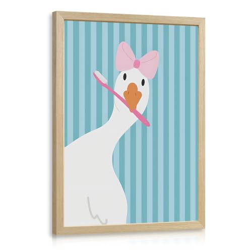 GELDSTEI Wood Framed Funny Brushing Teeth Goose Bathroom Wall Art 12x16 in | Funny Soft Tone Wall Decor, Pink Bow and Toothbrush Goose Art Print, Bathroom Decor for Nursery and Powder Room - color: Goose, size: 16"L x 12"W