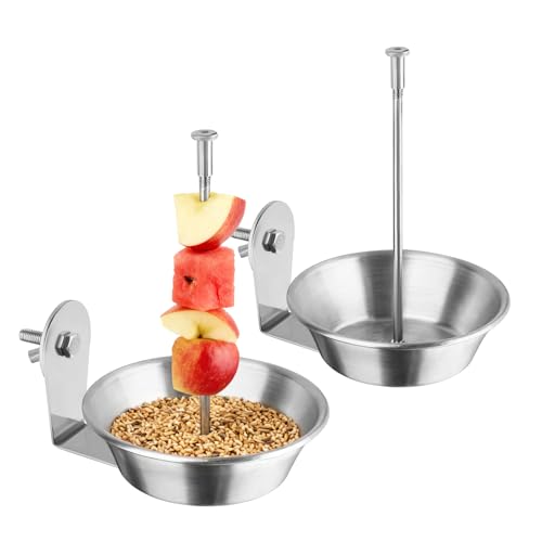 2 Pack Bird Cage Feeder with Skewer for Vegetable & Fruit, Parrot Treats Food Holder with Bowl Dish, No Mess Budgie Parakeet Cockatiel Foraging Toys Cage Accessories