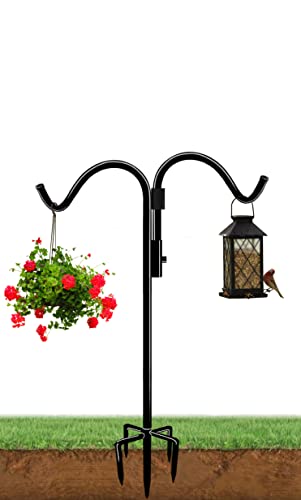 60 Inch Double Shepherds Hook for Outdoor with 5 Prong Base | Adjustable Heavy Duty Bird Feeder Pole for Hanging Flower Basket, Plant Hanger, Solar Light Lanterns, Black - size: 60in-1pcs