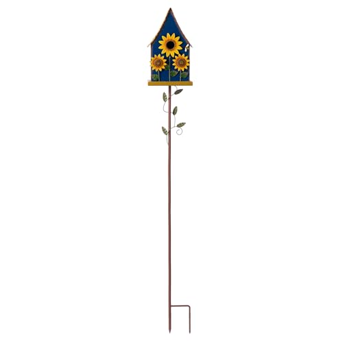 Glitzhome Birdhouses for Outdoors, Bird Houses Stake for Outside, 52.5" H Metal Bird House Decorative Sunflower Birdhouse with Stake for Garden Patio Backyard (Blue)