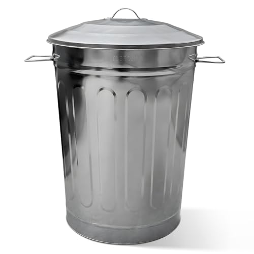 Plexon 13 Gallon Outdoor Metal Trash Can with Lid Vintage Trash Can Steel Retro Garbage Can for Patio Farmhouse Rustic Bird Seed Storage Pet Food Ash Bucket, Galvanized Steel - color: Silver