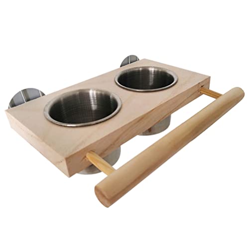 2 in 1 Bird Perch Feeder Stainless Steel Feeding Cups Water Bowls with Wood Perch Stand Platform for Small Birds