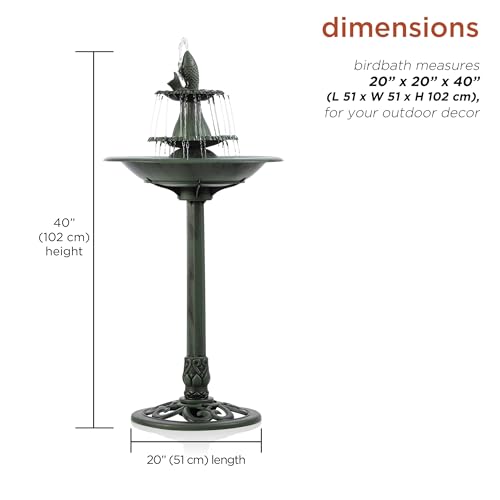 Alpine Corporation 40" Tall Outdoor 3 Tier Pedestal Water Fountain with Vintage Birdbath Accent, Garden Decor, Green