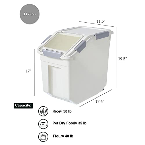 33 Liter / 50 lbs Rice Storage Container with Measuring Cup, BPA free, For Rice | Grain | Pet Food | Flour, 2 count, White