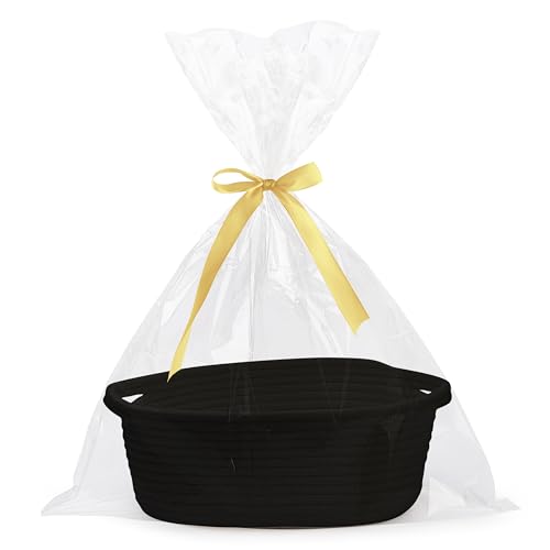 Pro Goleem Small Woven Basket with Gift Bags and Ribbons Durable Baskets for Gifts Empty Small Rope Basket for Storage 12"X 8" X 5" Baby Toy Basket with Handles, Black - color: black