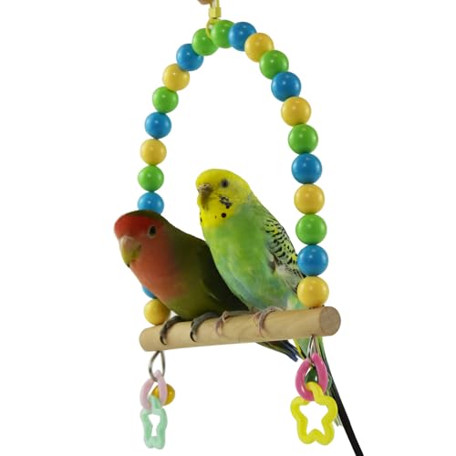 Wooden Bird Swing for Cage Large Parrot Hanging Toys Cockatiel Perch Stand | Colorful Acrylic Beads, Budgie Chewing Toy with Bell, Parakeet Climbing Training Set, Quaker Conures Birdcage Accessories - color: Oceanic palette