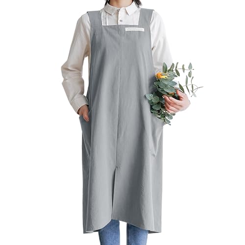 Cotton Aprons for Women and Men | Cross-Back Apron with Pockets - color: Grey
