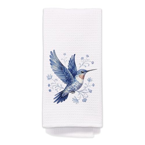 Blue and White Chinoiserie Hummingbird Kitchen Towels, Hummingbird Gifts for Women Hand Towels for Bathroom Kitchen, Spring Floral Blue Bird Decorative Dish Tea Towel Dishcloth648 - color: Hcolor009