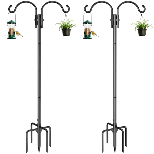 GOFORWILD 2 Pack Adjustable 76inch Double Shepherds Hook for Outdoor | Metal Bird Feeder Pole with 5-Prong Base for Hanging Bird Nest, Plant Basket,Lantern,Solar Light - size: 76 Inch