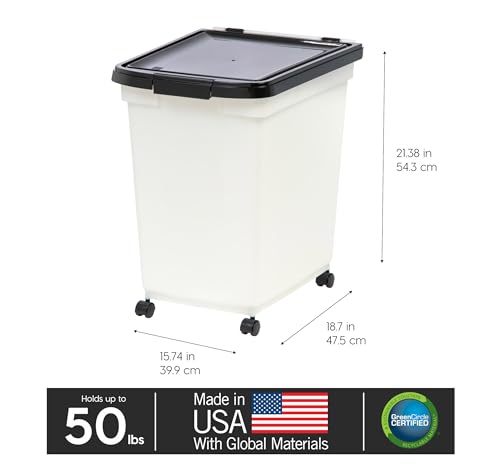 IRIS USA Dog Food Storage Container, Up to 50 lbs, Pearl/Black, Made in USA | Wheels for Mobility, Airtight Seal, BPA-Free, Best for Bird Seed, Cat food, Cat Litter, Chicken Feed, Pellets - color: Pearl/Black, size: 50 lbs