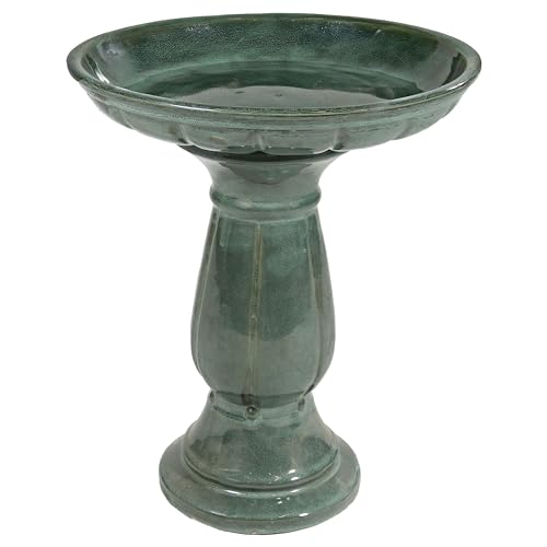 Sunnydaze Ceramic Bird Bath for Outdoors, 18” H, Green Mist | UV-Resistant, Glazed Finish, Pedestal Bird Bath Holds Up to 10 Cups of Water, Easy Assembly, Sturdy Bird Bath for Outside - style: Green Mist Glaze