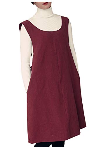 Cotton Linen Japanese Apron Halter Cross Back Bandage X Shape Aprons Two Pockets - color: Dark Red