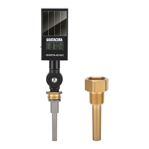 Solar Digital Thermometer, Industrial Thermometer, Brass Thermowell, 3/4" NPT Lower Mount, 3.5" Stem, -50-320 Deg F/-45-160 Deg C, 1% Accuracy