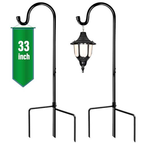 GOFORWILD 2 Pack 33 Inch Metal Shepherd Hooks for Bird Feeder Outdoor | Heavy Duty Bird Feeder Hanger with 3 Prongs Base, for Hanging Lantern, Hummingbird Feeder, Plant Hanger, Wind Chime - size: 33 Inch