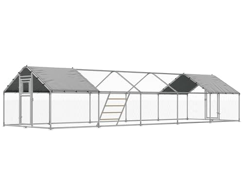 32x10 FT Extra Large Walk-in Chicken Coop with Spire Roof Cover | Front and rear doors, feeding door, roosting ladder and galvanized frame support easier daily poultry care - size: 372.4"L x 118.1"W x 77.6"H